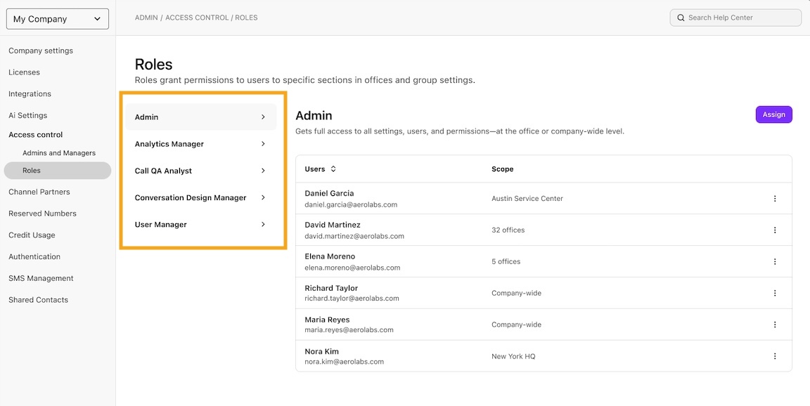 Dialpad Access Control Roles page featuring an orange box highlighting predefined roles including Admin, Analytics Manager, Call QA Analyst, Conversation Design Manager, and User Manager.