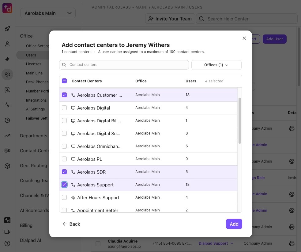 Dialpad "Add contact centers to [User]" modal displaying a multi-select list of contact centers across offices, with several options checked and an "Offices" filter dropdown.