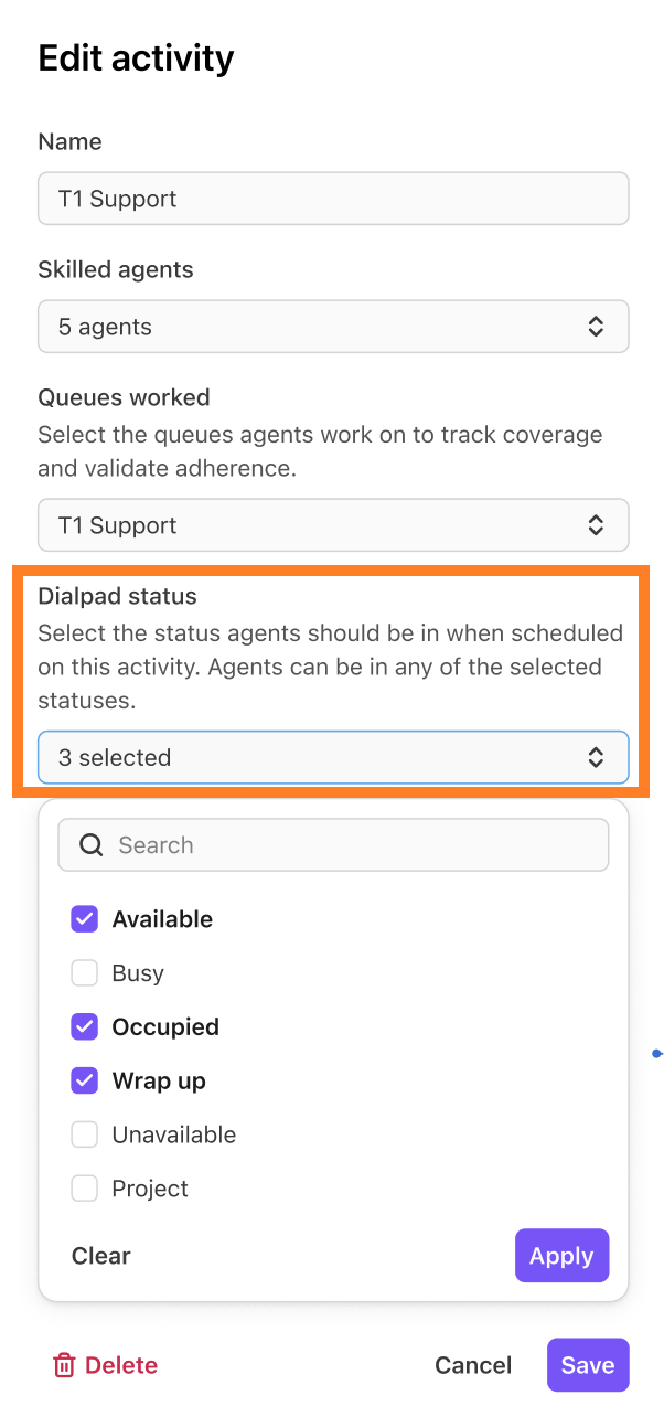 Dialpad WFM Edit activity modal with an orange box highlighting the "Dialpad status" section, showing a dropdown menu with Available, Occupied, and Wrap up selected.