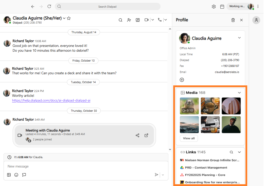Dialpad user Profile side panel with an orange box highlighting media thumbnails and shared links cards located below contact info.