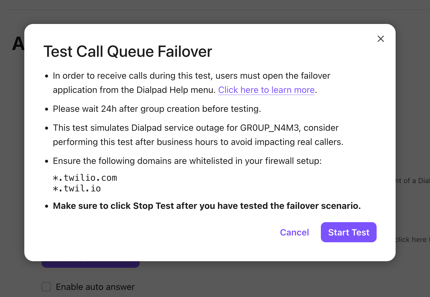 Dialpad "Test Call Queue Failover" pop-up modal displaying testing instructions, domain requirements, and a purple "Start Test" button.