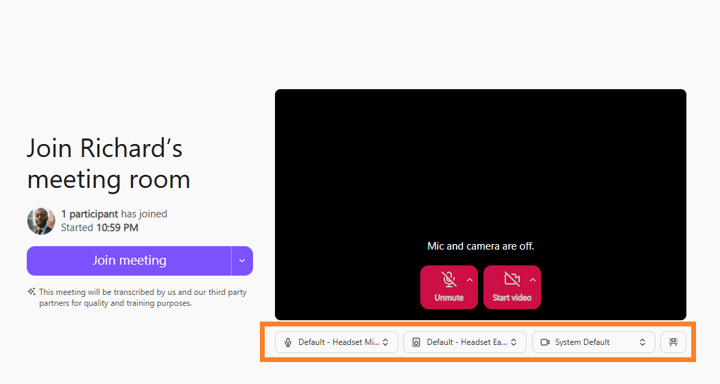 Dialpad Meetings pre-join screen with an orange box highlighting hardware control dropdowns for microphone, speaker, camera selection, and audio settings beneath the video preview window.