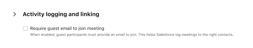 Dialpad "Activity logging and linking" settings section featuring an unselected checkbox option to "Require guest email to join meeting."