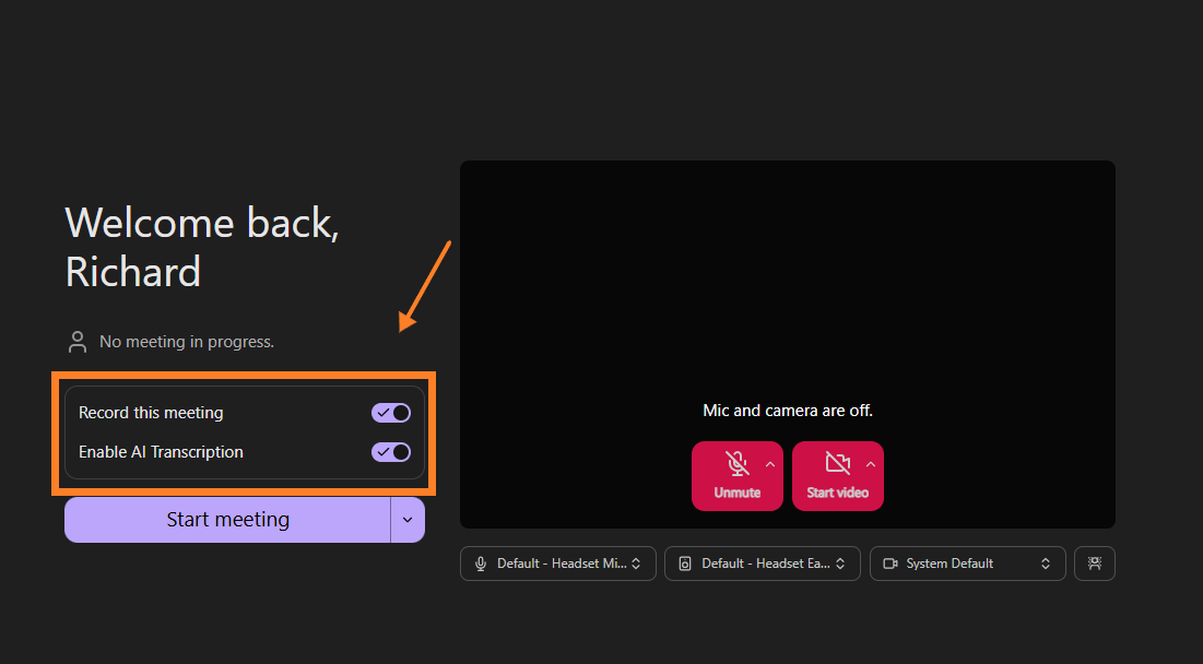 Dialpad Meetings pre-join screen with an orange arrow and box highlighting toggle switches for "Record this meeting" and "Enable AI Transcription" above the "Start meeting" button.