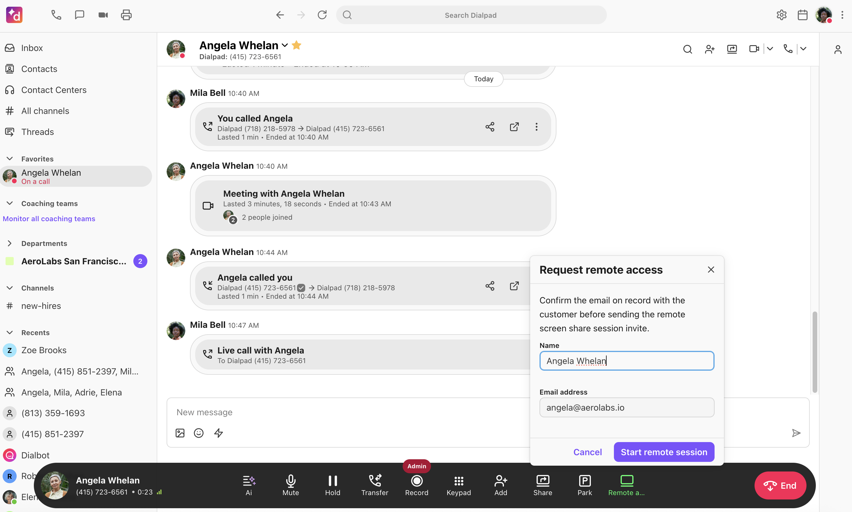 Dialpad desktop application showing a "Request remote access" modal pop-up during an active call, featuring pre-filled Name and Email fields alongside a purple "Start remote session" button.
