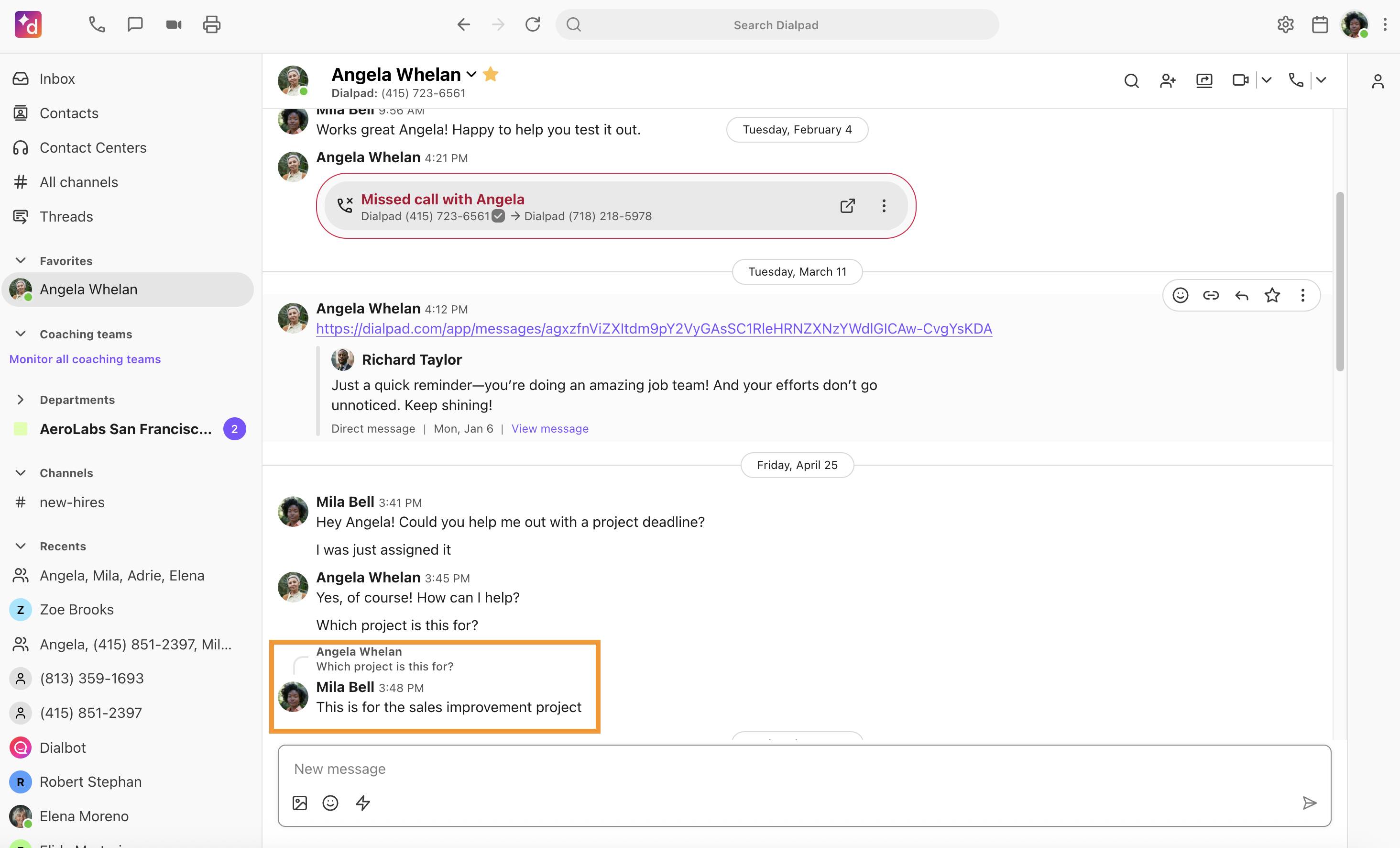 Dialpad desktop messaging thread with an orange box highlighting a Direct Reply quote bubble showing a response attached to a specific previous message.