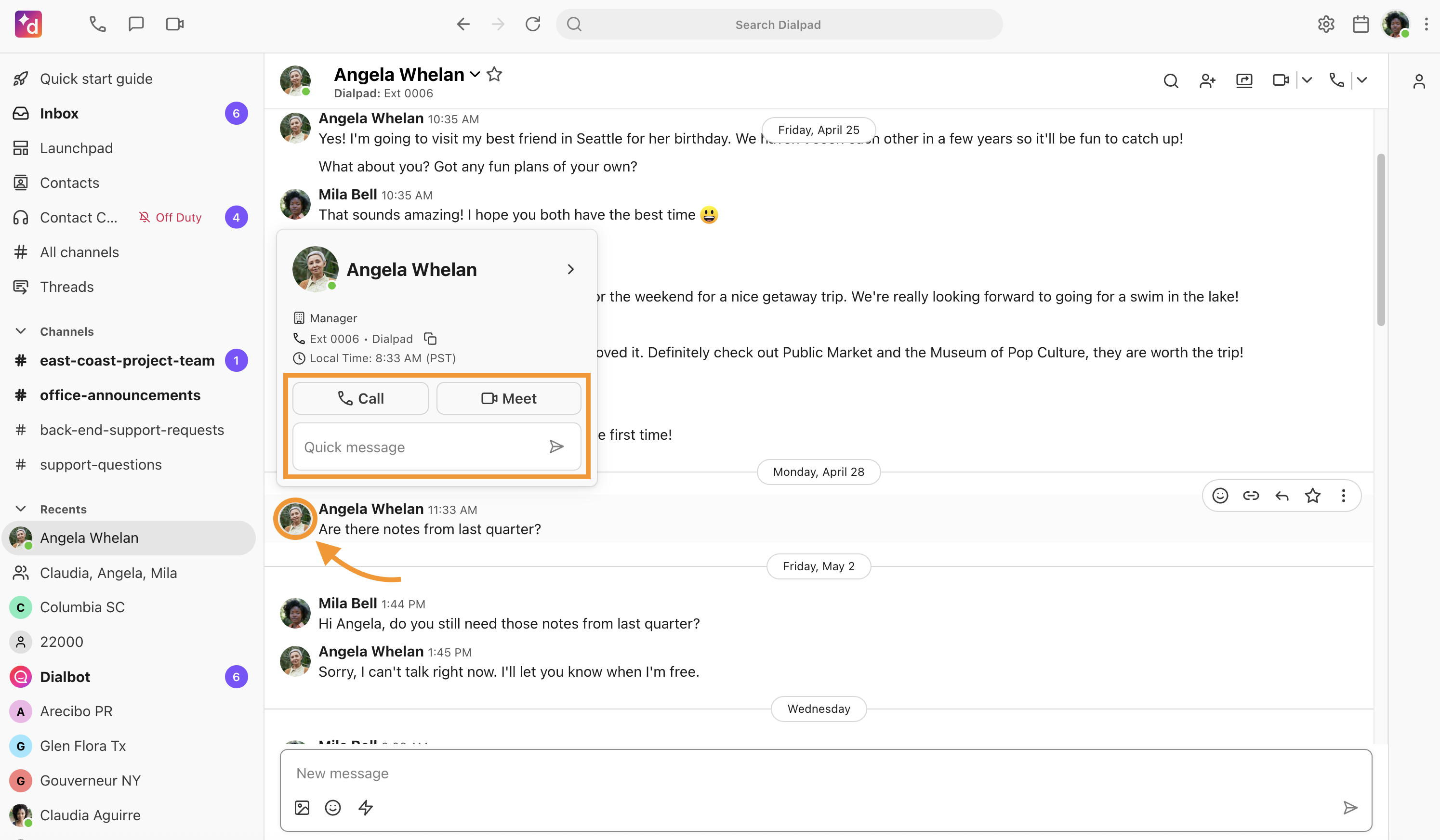 Screenshot of the Dialpad web interface demonstrating Hover Actions, showing a pop-up profile card over a contact's name with quick action buttons for Call, Meet, and Quick message within a chat thread.