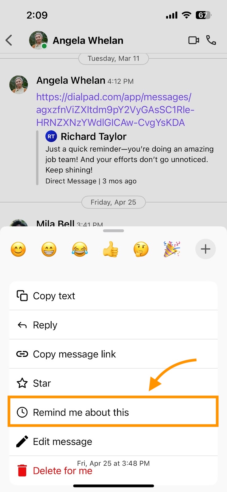 Dialpad mobile message action menu with an orange arrow and box highlighting the "Remind me about this" option with a clock icon.