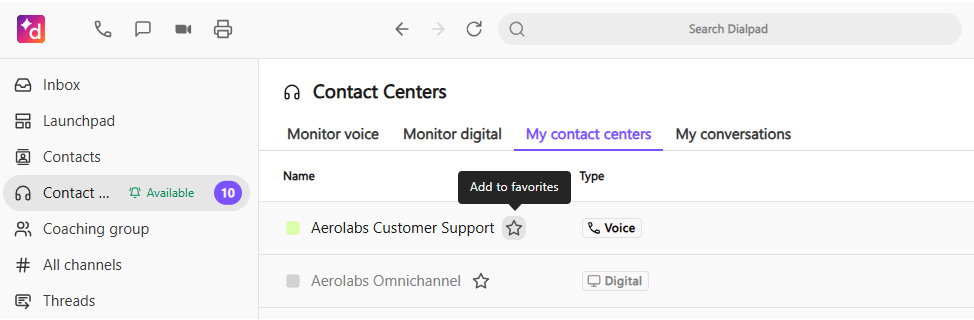 Dialpad Contact Centers list view showing the "My contact centers" tab with an "Add to favorites" tooltip hovering over the star icon beside a Voice contact center.