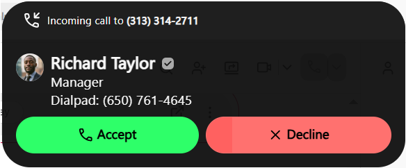 Dialpad modern call interface pop-ups displaying an incoming call notification card with prominent Accept and Decline buttons, paired with a floating active call control bar featuring live call action icons.