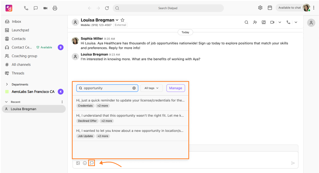 Dialpad messaging workspace showing an orange arrow pointing to the quick replies icon in the compose bar, opening a highlighted search pop-up box with tagged personal quick response templates.