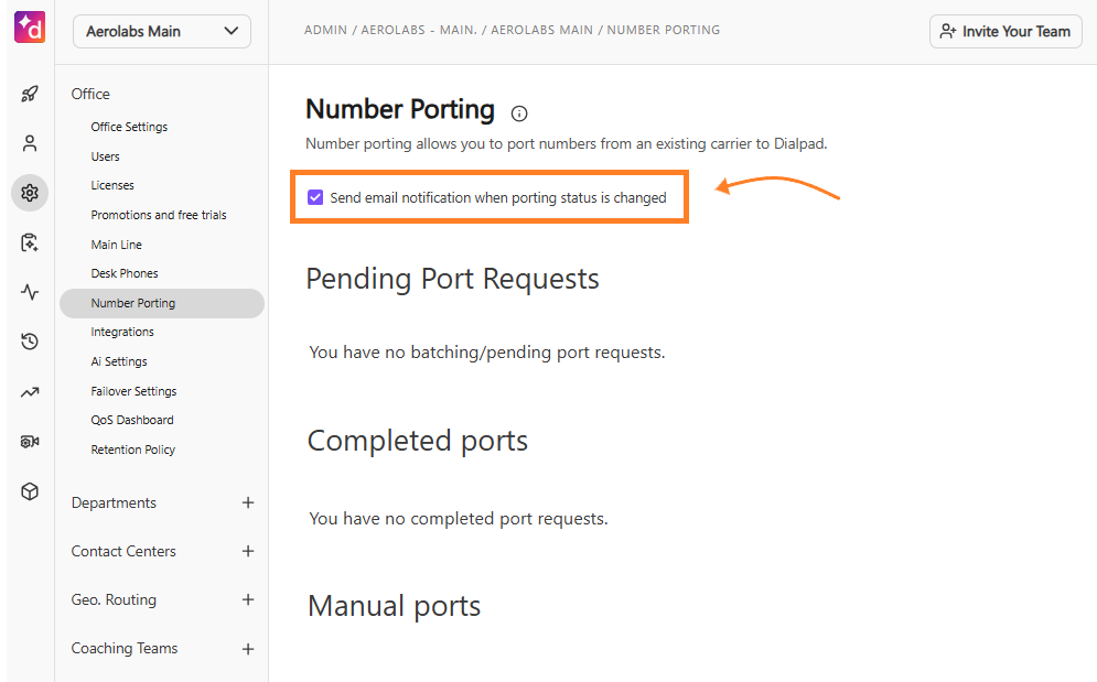 Dialpad Admin Number Porting page featuring an orange arrow pointing to a highlighted, checked setting for "Send email notification when porting status is changed."