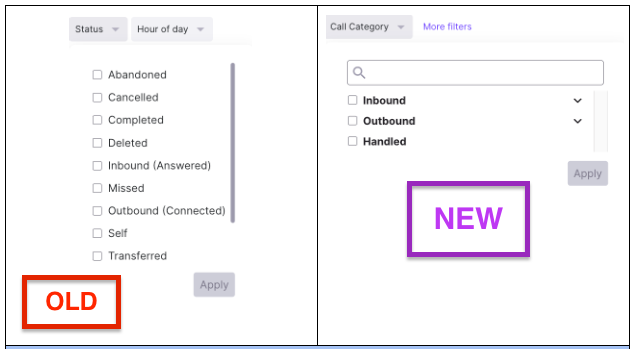 Side-by-side comparison of the legacy Status filter and the updated multi-level Call Category filter in Dialpad Call History.