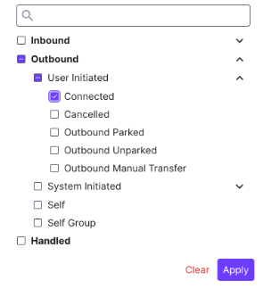 Call Category filter dropdown path showing Connected calls nested under Outbound > User Initiated > Connected.