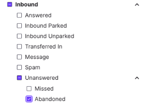 Call Category filter dropdown path showing Abandoned calls nested under Inbound > Unanswered > Abandoned.