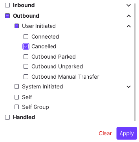 Call Category filter dropdown path showing Cancelled calls nested under Outbound > User Initiated > Cancelled.