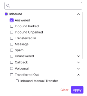 Call Category filter dropdown path showing Answered calls nested under Inbound > Answered.