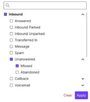 Call Category filter dropdown path showing Missed calls nested under Inbound > Unanswered > Missed