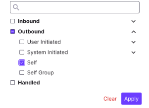 Call Category filter dropdown path showing Self calls nested under Outbound > Self.