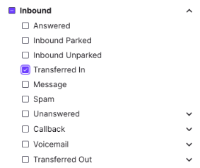 Call Category filter dropdown path showing Transferred In calls nested under Inbound > Transferred In.
