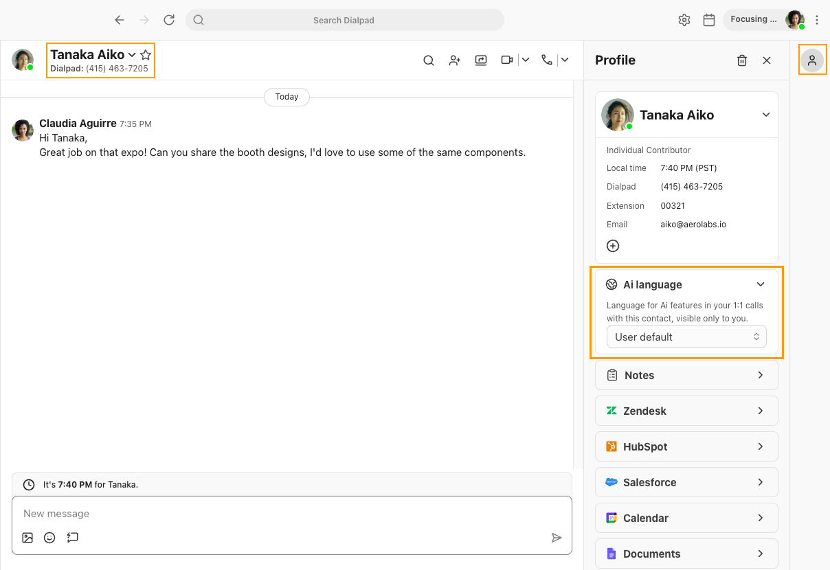 Dialpad contact Profile sidebar with orange boxes highlighting the contact name header, the profile tab icon, and the "Ai language" dropdown selector.