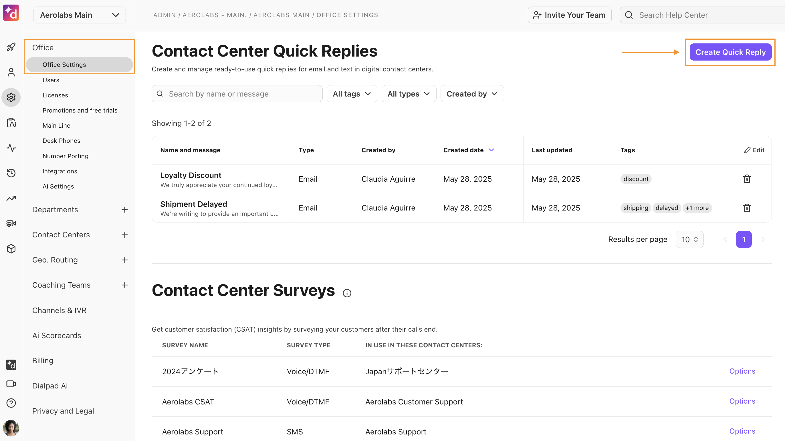 Dialpad Admin Portal "Contact Center Quick Replies" settings table displaying configured email templates, highlighted with orange boxes on the Office Settings tab and an orange arrow pointing to the purple "Create Quick Reply" button.