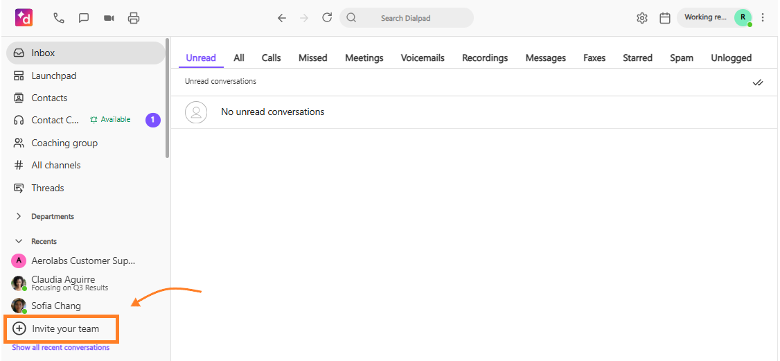 Dialpad desktop app sidebar featuring an orange arrow pointing to a highlighted "+ Invite your team" button located at the bottom of the navigation menu.
