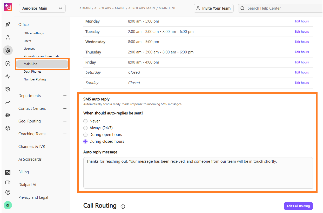 Dialpad Admin Main Line settings section with orange boxes highlighting the "Main Line" navigation item and the "SMS auto reply" configuration box, featuring schedule options and a customized response text area.