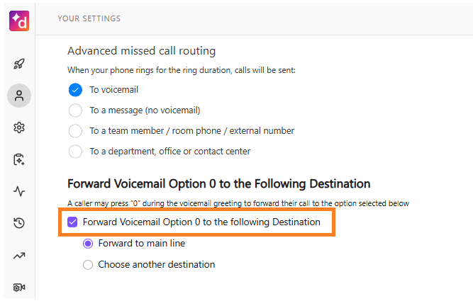 Dialpad user settings page showing the "Forward Voicemail Option 0 to the Following Destination" section with an orange box highlighting the enabled checkbox and routing choices below.