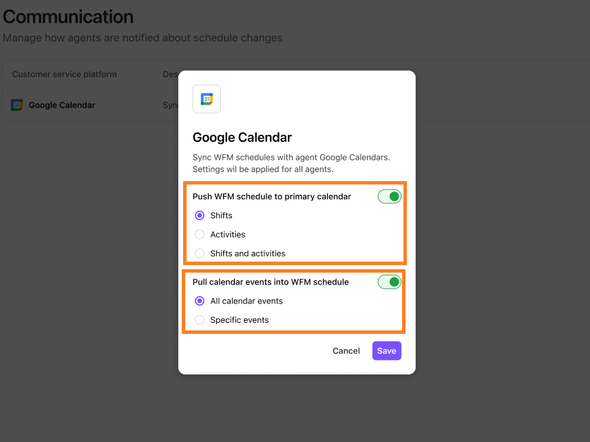Dialpad WFM Google Calendar integration pop-up modal with orange boxes highlighting options to push WFM schedules to primary calendars and pull calendar events into WFM schedules.