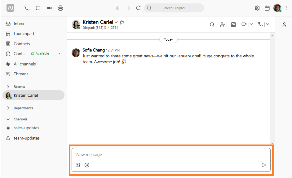 Dialpad messaging interface displaying an orange box highlighting the updated message composer bar, featuring a new text field layout, inline action icons, and a dedicated send button.