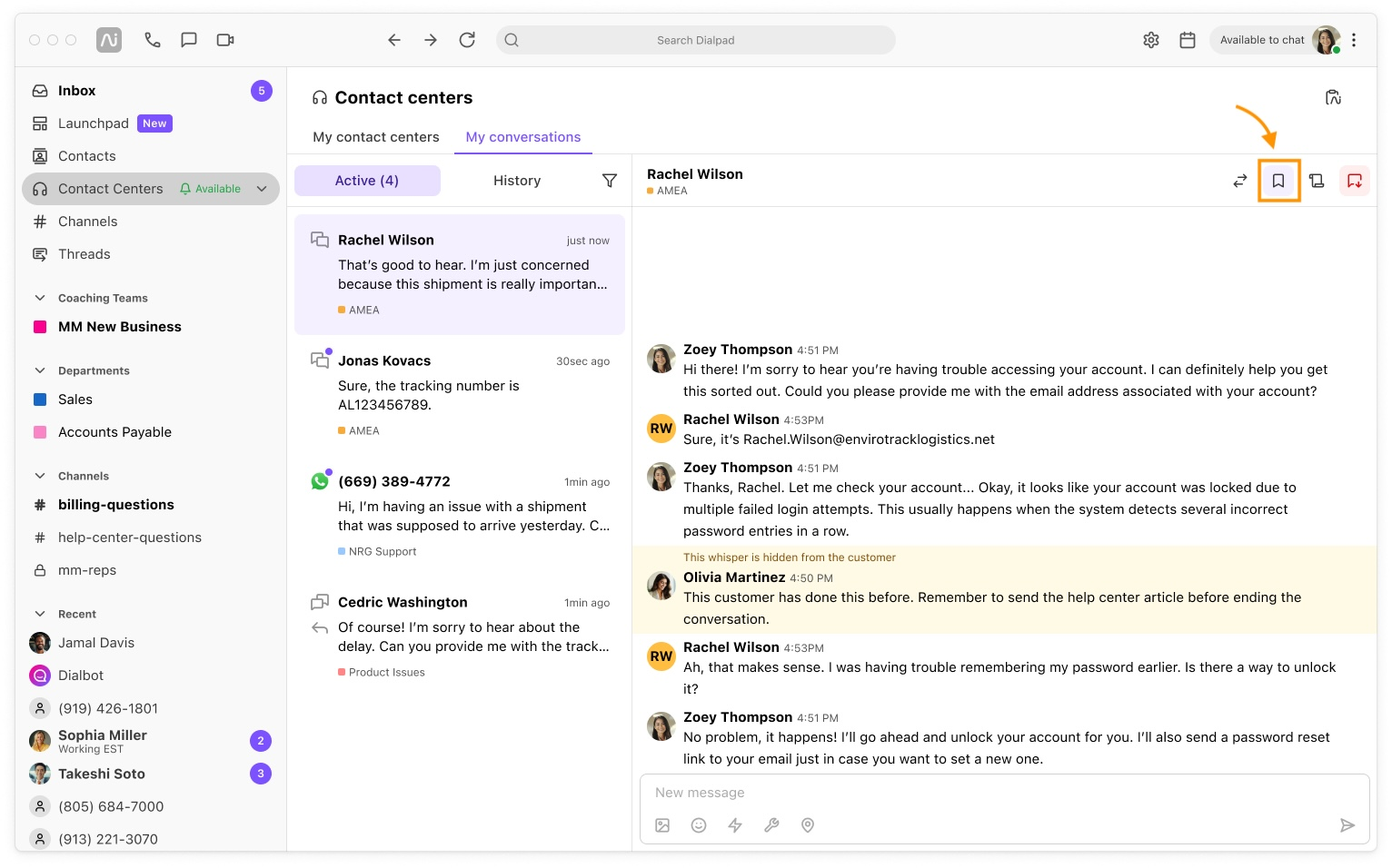 Dialpad Contact Centers inbox showing an active customer conversation thread with an orange arrow pointing to a highlighted bookmark icon in the top right control toolbar.