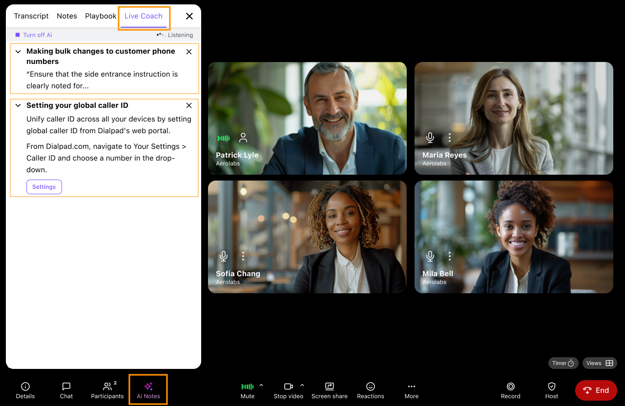 Dialpad Meetings interface showing four video participants alongside an orange box highlighting the "Live Coach" sidebar tab with Real-Time Assistant cards displayed, as well as an orange box around the bottom "Ai Notes" control button.