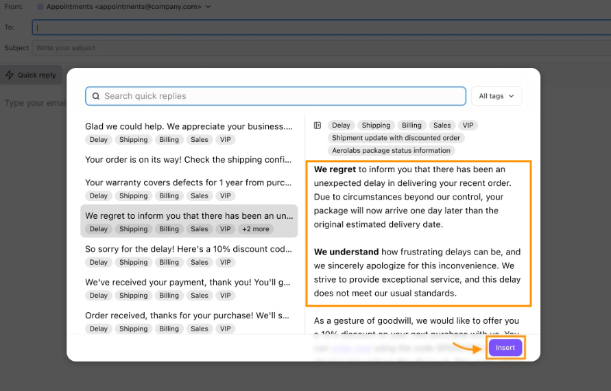 Dialpad email Quick Replies selection pop-up showing formatted text preview in an orange box, with an orange arrow highlighting the purple "Insert" button.