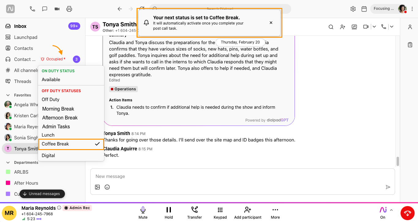 Dialpad wrap-up interface featuring an orange arrow pointing to the "Occupied *" status drop-down, an orange box highlighting the selected upcoming status ("Coffee Break"), and a top banner notification confirming the scheduled status change upon completing post-call tasks.