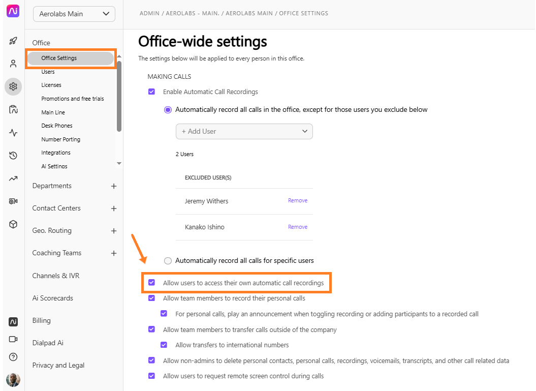 Dialpad Admin Office Settings page featuring orange boxes around "Office Settings" in the sidebar and the "Allow users to access their own automatic call recordings" checkbox, accompanied by an orange arrow pointing to the setting.