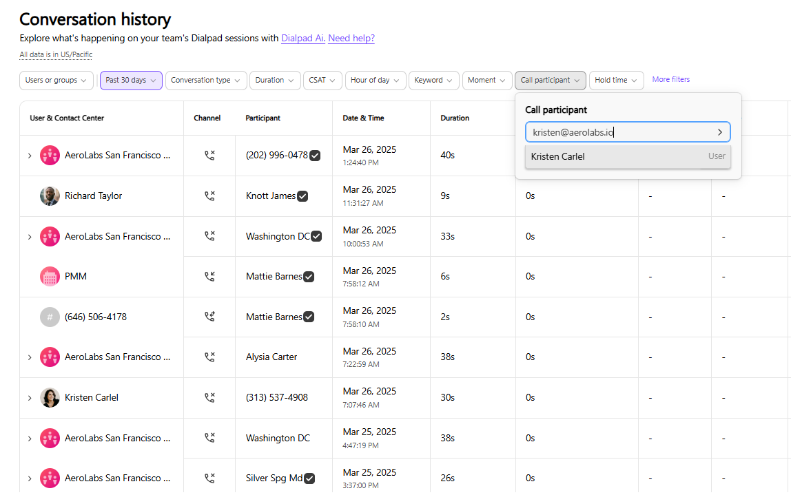 Dialpad Conversation history log view showing the "Call participant" filter dropdown active, with an email address typed into the search box resolving to a user profile.