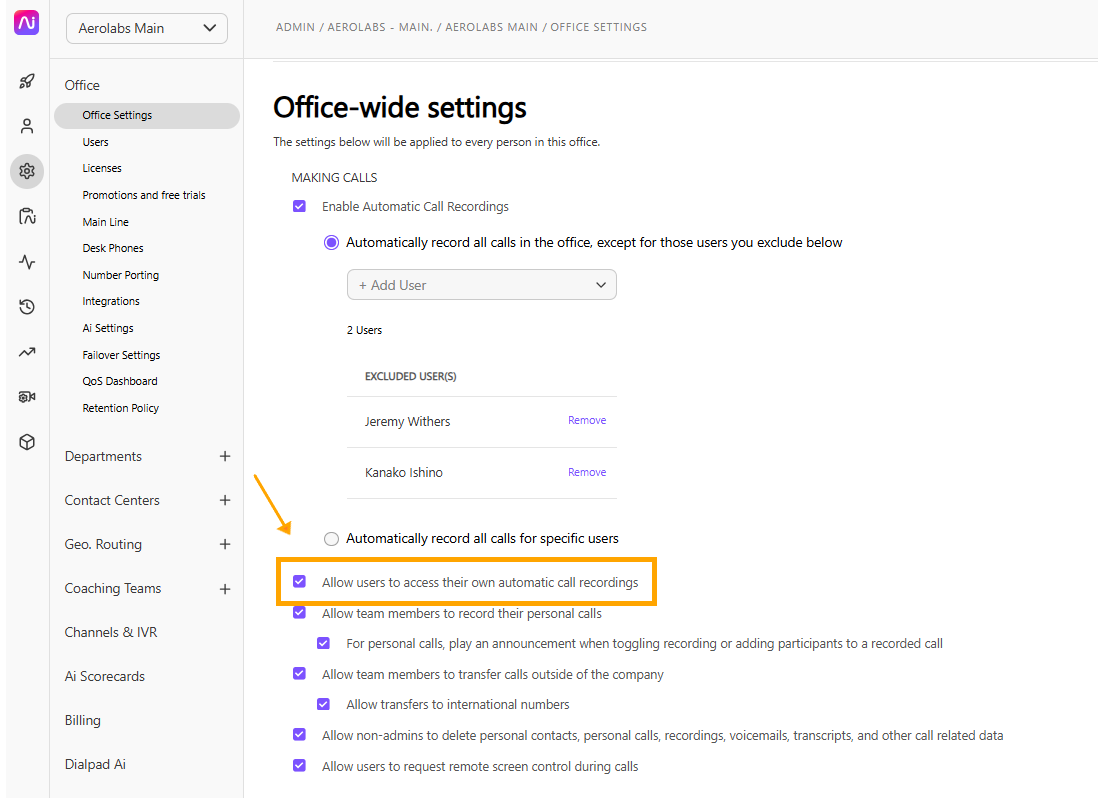 Dialpad Admin Office Settings view displaying an orange box and arrow highlighting the "Allow users to access their own automatic call recordings" toggle enabled under the Making Calls configuration section.