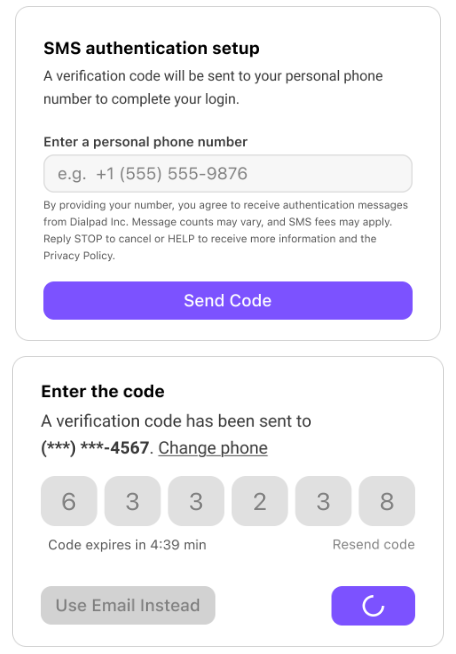 Dialpad authentication setup cards displaying two sequential multi-factor authentication (MFA) step forms: an SMS authentication phone number input dialog with a "Send Code" button, and a subsequent six-digit code entry verification screen.