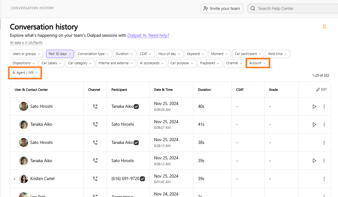 Screenshot of Conversation History with Account and AI Agent/IVR filters.