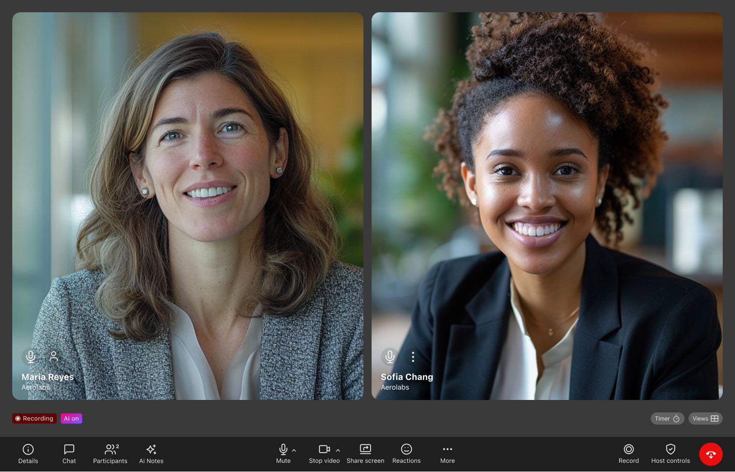 Dialpad Meetings window displaying two video participants side-by-side in the new split-screen layout for 1:1 meetings, complete with in-call controls along the bottom navigation bar.