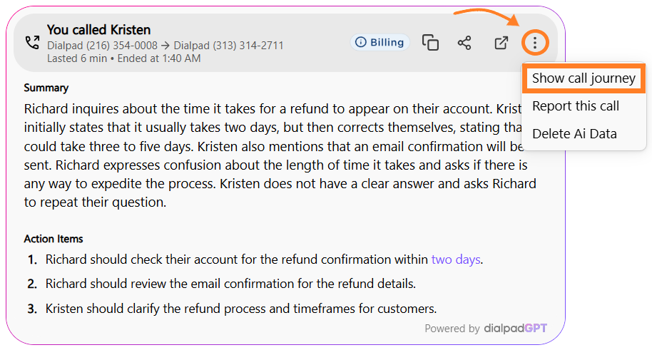 Dialpad in-app conversation summary card featuring an orange arrow pointing to a three-dots menu icon, which opens a dropdown list with an orange box highlighting the "Show call journey" option.