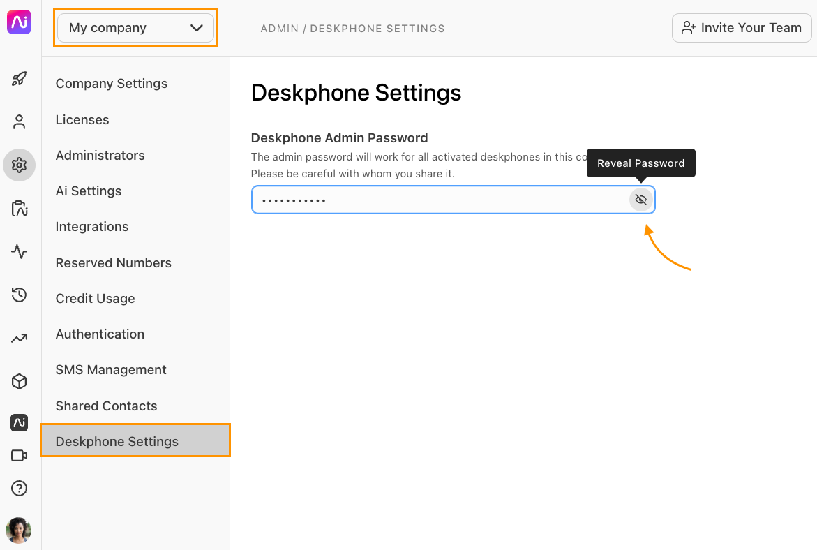 Dialpad Admin Deskphone Settings page with orange boxes highlighting the "My company" scope selector and "Deskphone Settings" sidebar tab, alongside an orange arrow pointing to the "Reveal Password" eye icon within the masked password field.