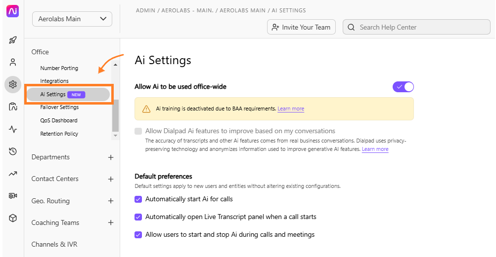 Dialpad Office Settings "Ai Settings" panel with an orange arrow pointing to an orange box framing the new "Ai Settings" sidebar tab, displaying controls for office-wide AI enablement, conversation training permissions, and default call AI behaviors.