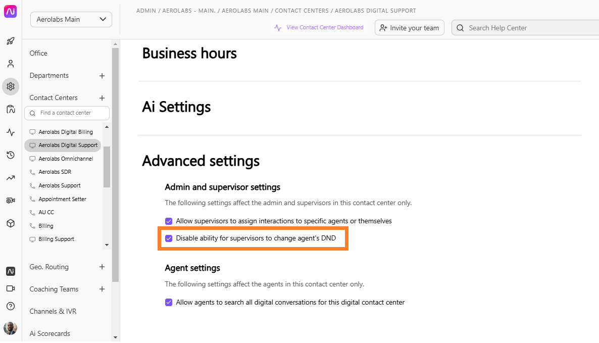 Dialpad Digital Contact Center Advanced settings section featuring an orange box highlighting the "Disable ability for supervisors to change agent's DND" checkbox under Admin and supervisor settings.
