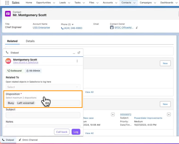 Salesforce連携のDialpad CTIパネルで通話結果（Disposition）のタグを選択してログを記録する画面