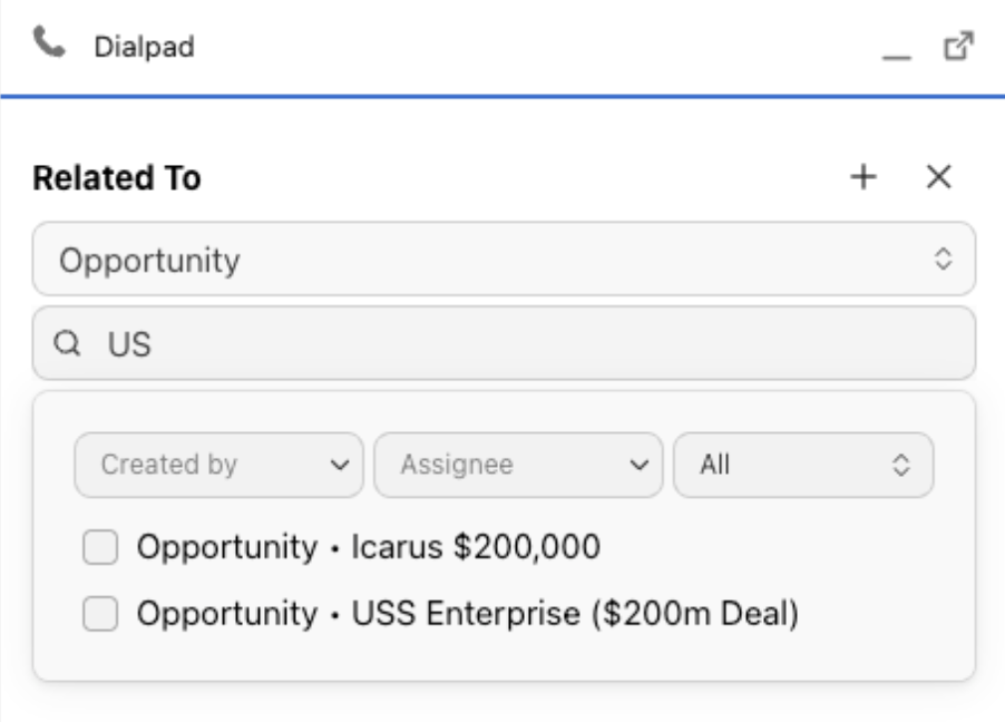 Salesforce連携のDialpad CTIパネルで通話に関連付ける商談（Opportunity）を検索・選択する画面