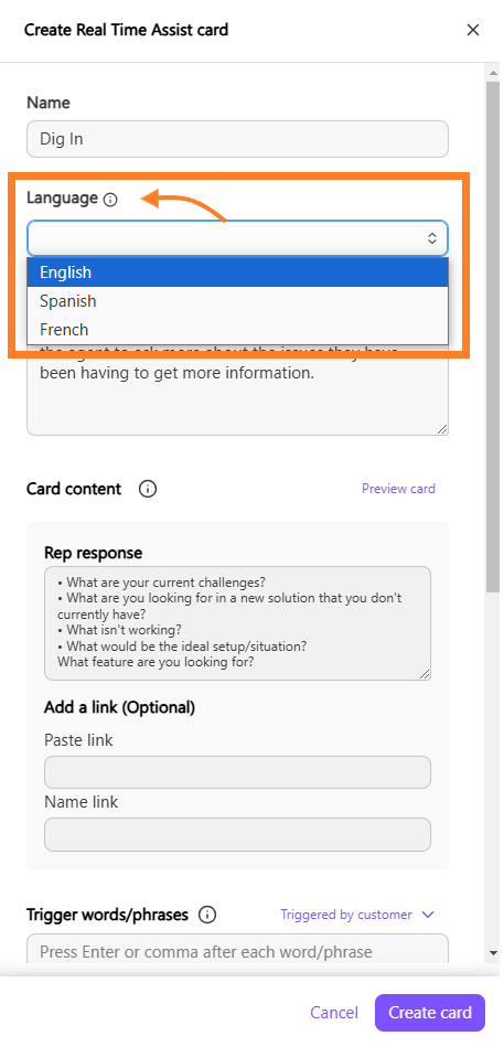 Dialpad "Create Real Time Assist card" setup panel featuring an orange arrow pointing to an orange box framing the "Language" dropdown, showing selectable language options for English, Spanish, and French.