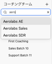 コーチングチームのサイドバーでキーワード「aero」を入力してチームを絞り込み検索する画面