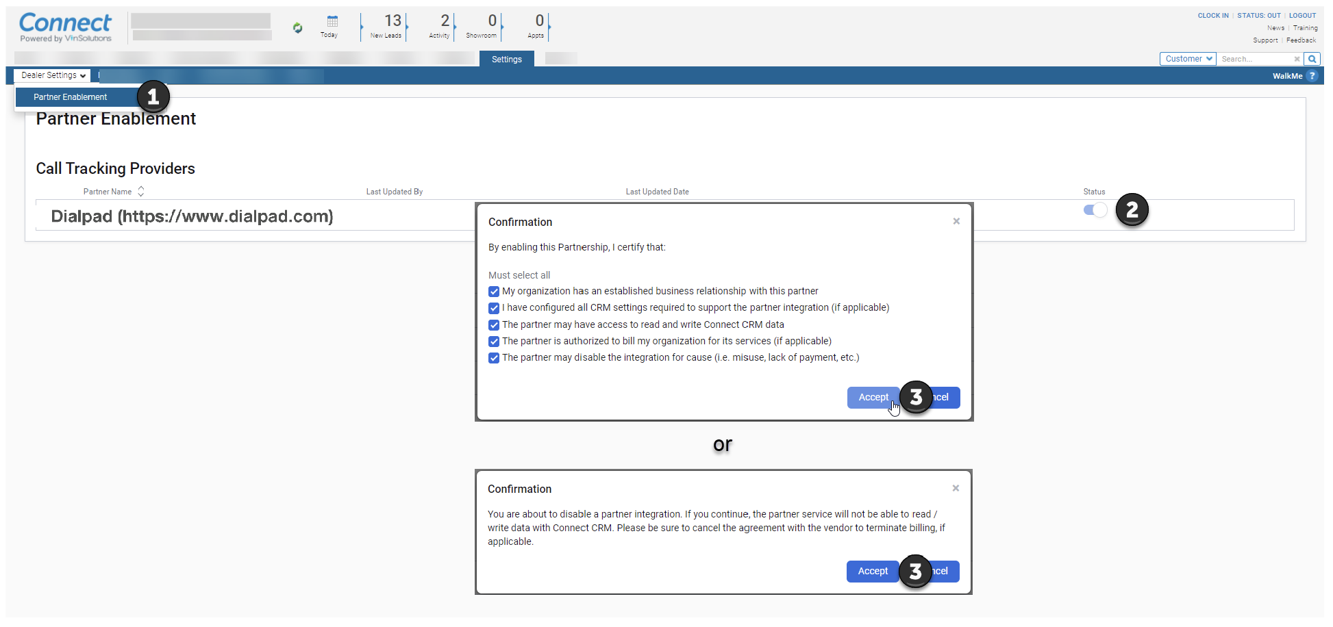 Confirmation dialog for enabling or disabling partner integration with Dialpad in CRM settings.